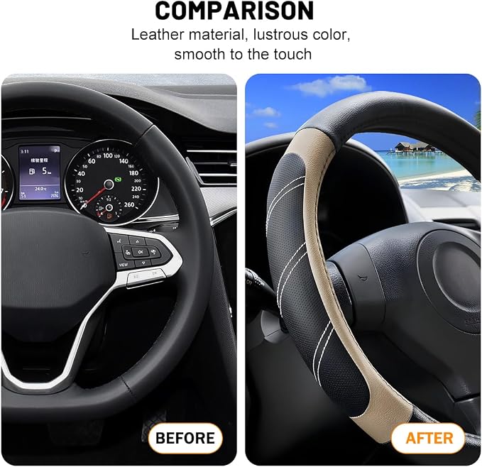 Zpana Car Steering Wheel Cover, 15 Inch Carbon Fiber Leather Non-Slip Steering Wheel Protector with Lining, Breathable Automotive Interior Accessories, Universal for SUV RV Truck (Beige)