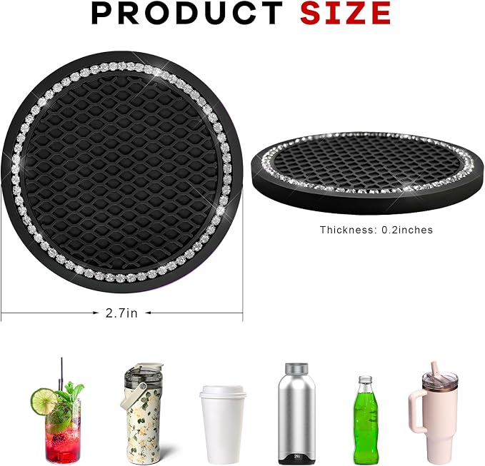 2PCS Bling Car Cup Coaster, 2.69 Inch Anti-Slip Auto Cup Holder Drink Mat w/Crystal Rhinestones, Universal Shiny Diamond Vehicle Insert Coasters Cups Mats for Women (Black & White)