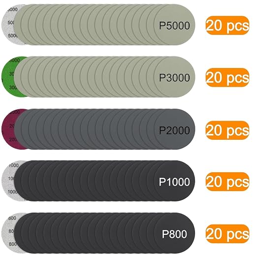 Hacaroa 106 Pcs 3 Inch Sanding Discs, Wet Dry Sandpaper Headlight Restoration Kit 800, 1000, 2000, 3000, 5000 Grit, Silicon Carbide Hook & Loop Sand Paper Drill Polishing Kit for Car, Wood, Metal