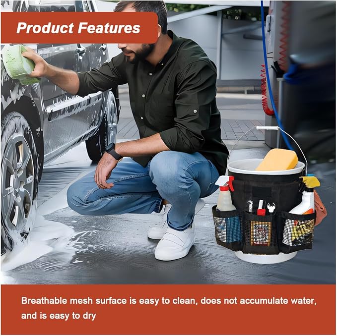5 Gallon Bucket Tool Organizer Bag with Mesh Storage Pockets | Multi-Purpose Car Bucket Wash Tool, Universal Vehicle Cleaning Supplies Accessories for Home, Gardening, Fishing