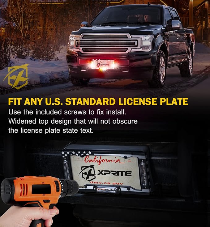 Xprite 36 LED License Plate Strobe Light, US Flag Front/Rear Utility Lights, 22 Modes Caution Frame for Construction Towing Snow Plow Pickup Work Trucks Cars - White Red (w/Pre-Installed 9FT Cable)