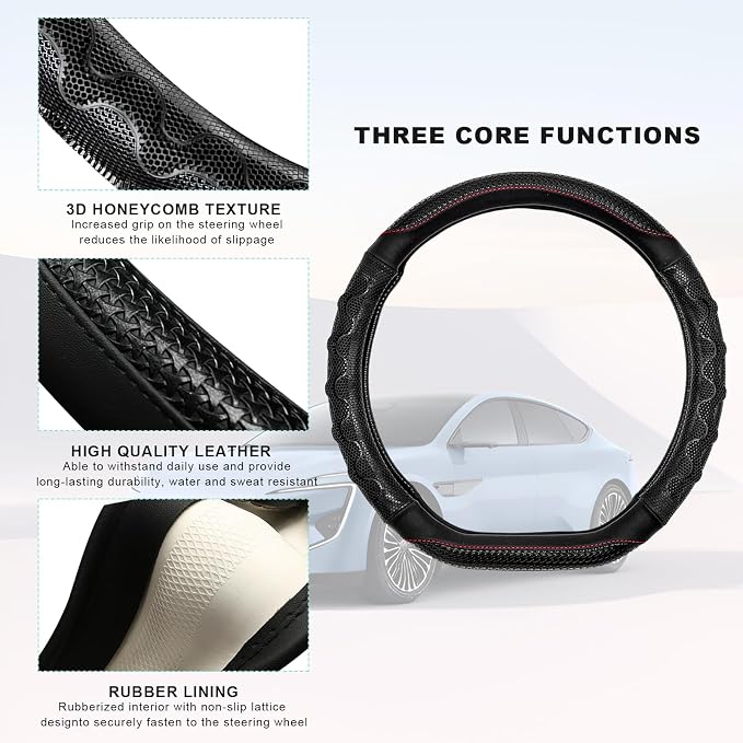 Car Steering Wheel Cover, Anti-Slip Breathable Steering Wheel Protector with 3D Honeycomb Design, Sporty Elastic Protective Cover for 14.5-15 Inch Flat Bottom Steering Wheels (Black)