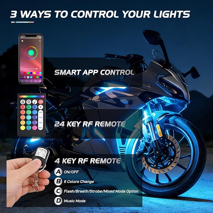 Nilight 12PCS Motorcycle RGB Led Light Kit Waterproof Multi Color Atmosphere Neon Accent APP and Remote Control Underbody Strips for Harley Davidson Honda Kawasaki Suzuki
