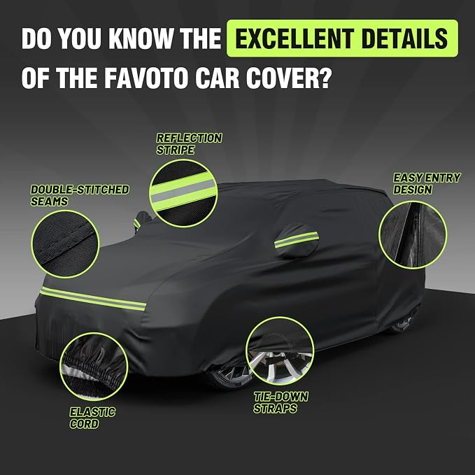 Favoto Car Cover Waterproof All Weather Windproof for SUV up to 181 Inches | UV Protection, Soft Cotton Lining, Driver Door Zipper, Reflective Strips and Storage Bag Included with Vehicle Fitment Black