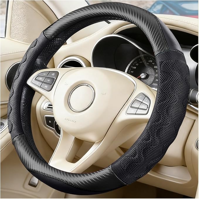 HZEL Car Steering Wheel Cover, Carbon Fiber Breathable Soft Grip Vehicle Steering Wheel Protector with Anti-Slip Lining, Automotive Interior Protective Decor Accessories, Universal Fit (Black)