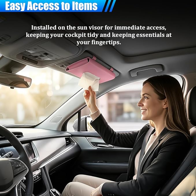 Car Tissue Holder, Rectangle Vehicle Sun Visor Napkin Case with Ergonomic Take Out Port, Automotive Interior Sunshade Tissue Box Organizer, Universal for SUV RV Truck (Pink)