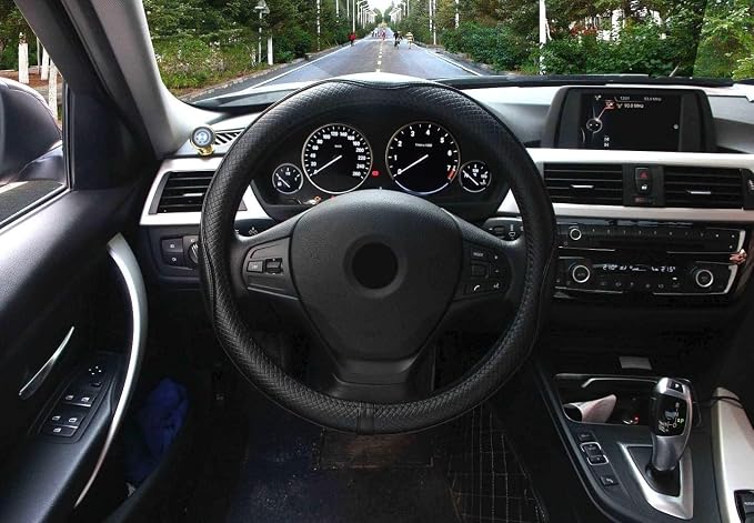 Valleycomfy Steering Wheel Covers Universal 15 inch - Genuine Leather, Breathable, Anti Slip & Odor Free (Black with Black Lines, M(14" 1/2-15" 1/4))