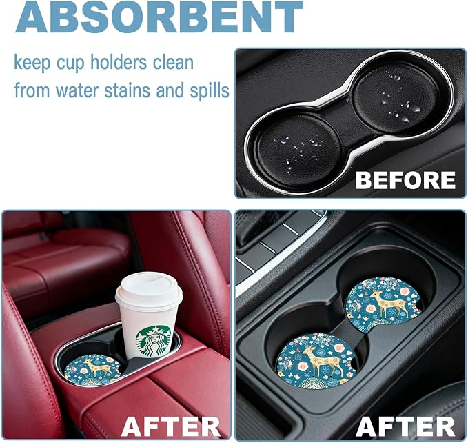 Car Cup Holder Coaster Set of 2, 2.56 in Ceramic Coasters, Scratch-Resistant Cork Backing, Finger Groove Design for Easy Placement, Cute Car Accessories Interior for Women (Blue Fawn)