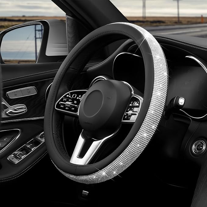 Diamond Leather Steering Wheel Cover, 15 Inch Bling Crystal Rhinestone Anti-Slip Wheel Protector, Universal Sparkling Elegant Diamond Steering Wheels Cover for Women Girl (White)
