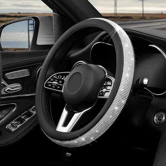 Diamond Leather Steering Wheel Cover, 15 Inch Bling Crystal Rhinestone Anti-Slip Wheel Protector, Universal Sparkling Elegant Diamond Steering Wheels Cover for Women Girl (White)