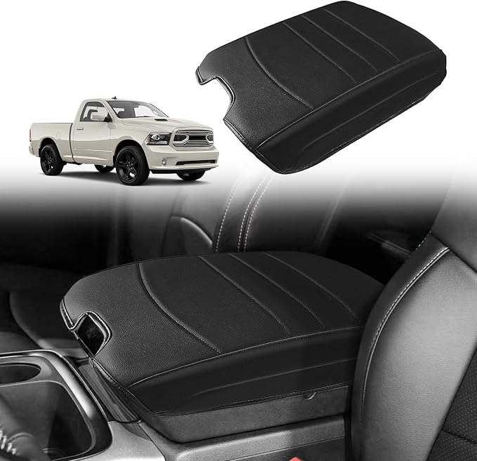 Muslogy Center Console Armrest Cover Fit for Dodge Ram1500/2500/3500 2013-2018 Accessories, Comfort Armrest Pad Console Lid Cushion Vegan Leather Regular Thick(Bucket Seat ONLY)
