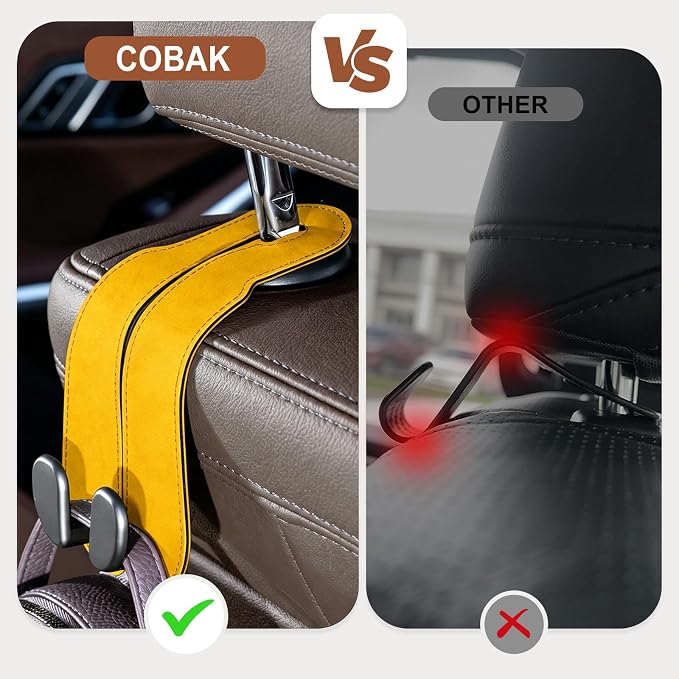 CoBak Purse Hook for Car - Universal Premium Stitched Leather and Aluminum-Magnesium Alloy Double Car Seat Back Storage Hook for Purses, Handbags, Bags (2 Pack),Bright Yellow