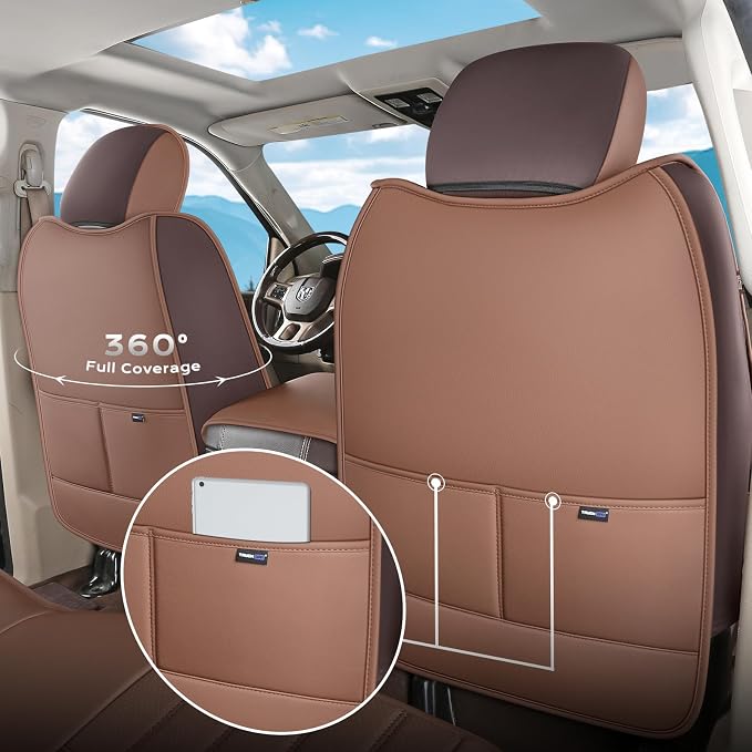 Truckiipa Leather Seat Covers Truck Full Set, Dodge Ram Seat Covers Full Coverage Protector Pickup Trucks Accessories, Custom Fit for 2002-2018 Ram 1500,2002-2025 Ram 2500 3500 Crew Mega Cab, Brown