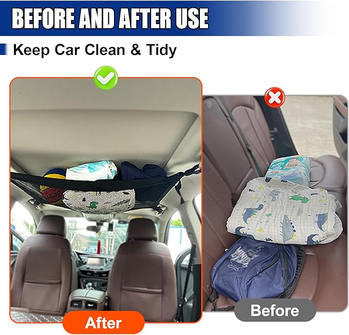Car Ceiling Cargo Net Pocket, 35"×26"Double-Layer Roof Storage Net | Car Camping Essentials Mesh Organizer with Adjustable Buckles, Universal Long Road Trip Auto Accessory for Sedan, Truck, SUV