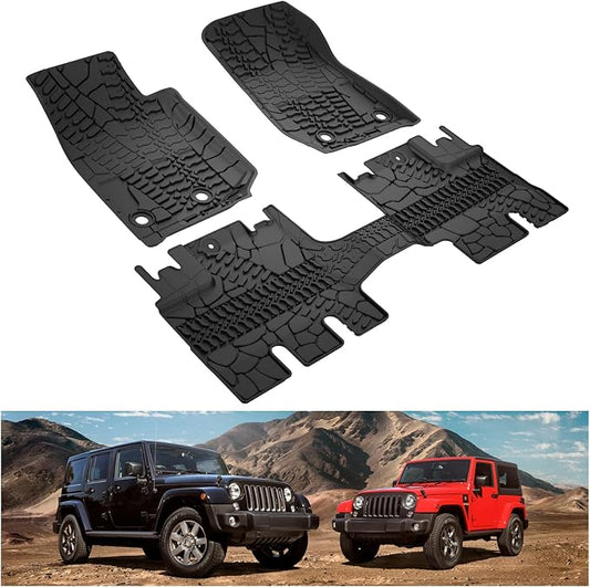 Kiwi Master Floor Mats for 2014-2018 Jeep Wrangler JK 4-Door | OEM Replacement 82213860, Custom Fit All Weather Car Mats, Heavy Duty TPE Floor Liners, Front & Rear 2 Row Set, Black