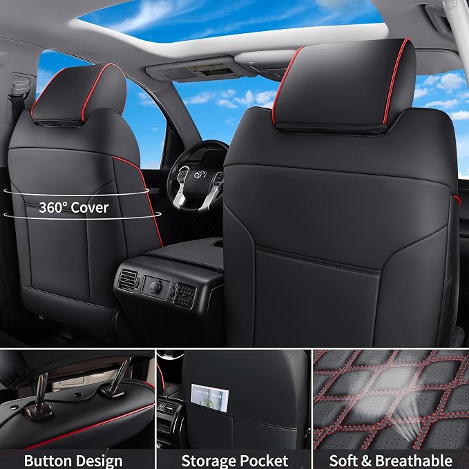 Huidasource Front Truck Seat Covers Fit for 2nd Gen Toyota Tacoma 2005-2015 Double&Crew Cab, Leather Car Seat Cushion Cover for Tacoma Base, PreRunner, SR5, Limited, TRD Sport(Front Pair/Black&Red)