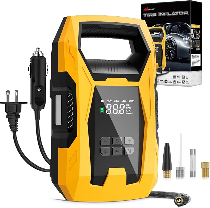 Nilight AC/DC Tire Inflator Portable Air Compressor Dual Power Supply 110V AC 12V DC 150PSI Fast Inflation Heavy Duty with LED Light Pressure Gauge Auto Shutoff Pump for Car Motorcycle Bicycle Ball