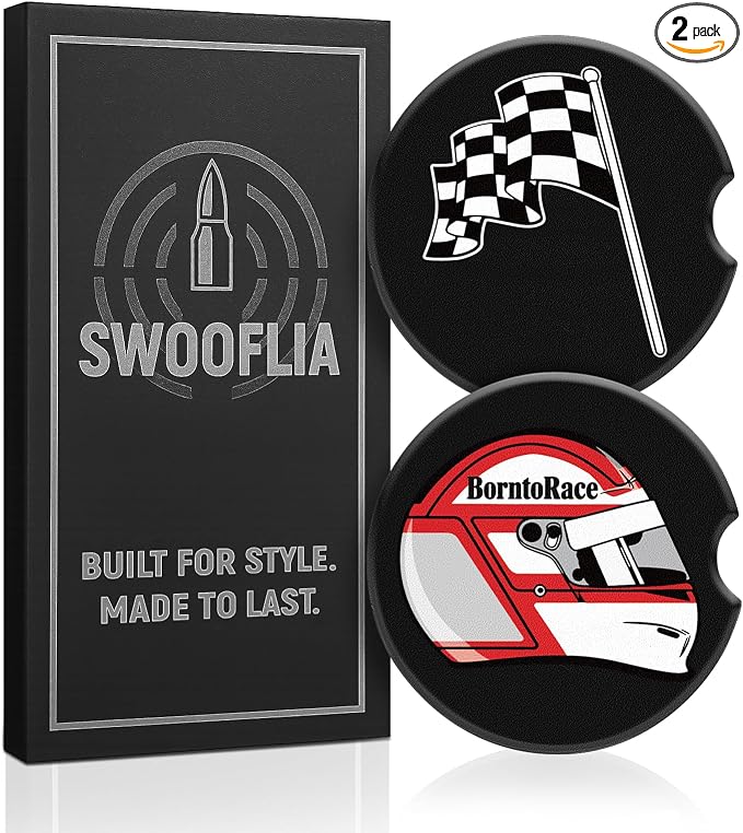 Swooflia Car Coasters for Men - Helmet Ceramic Car Cupholder Coaster Cool Absorbent Mat Coaster with Cork Base 2 Pack Automotive Cup Holder Accessories New Driver Gifts