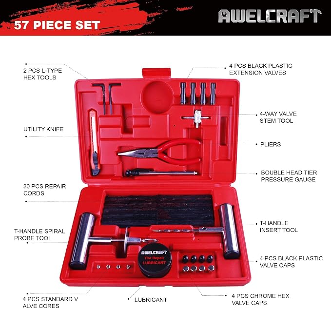 AWELCRAFT 57-Piece Heavy Duty Tire Repair Kit – Flat Tire Plug Kit with T-Handle Tools, Storage Case – Universal for Truck, Car, Motorcycle, Jeep