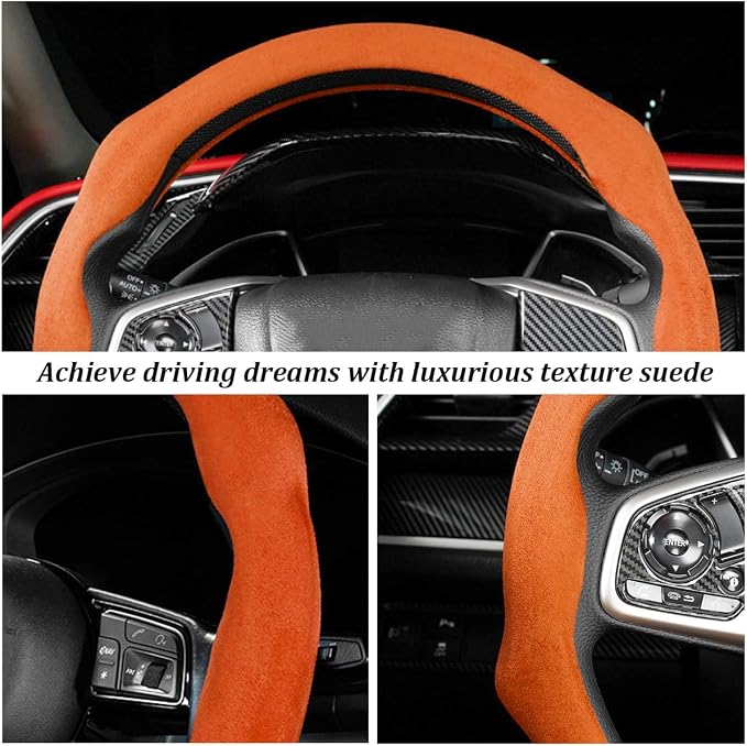 Car Steering Wheel Cover, Soft Brethable Suede Non-Slip Vehicle Steering Wheel Protector, Comfortable Sporty Auto Interior Protection Accessories, Universal for Truck SUV Van (Orange)