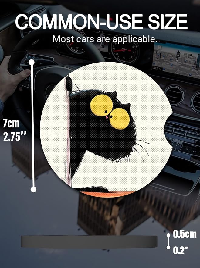 WOCOCN Cute Cup Holder Coasters for Your Car with Fingertip Grip, Auto Accessories for Women & Men,Pack of 2(Black Cat)