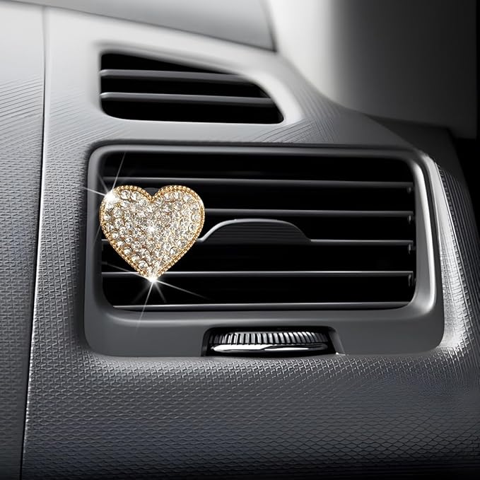 Bling Car Air Vent Clip, 2PCS Crystal Rhinestone Diamond Automotive Heart Shape Clip Charm, Cute Sparkling Vehicle Interior Decoration Accessories, Universal for SUV Sedan Trucks (Gold)