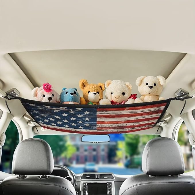 Dreaweet Wood Grain American Flag Car Ceiling Cargo Net Pocket Storage Net Patriotic Interior Car Roof Cargo Net for SUV Mini Van Truck Sedan Double-Layer and Load-Bearing Car Ceiling Organizer Net