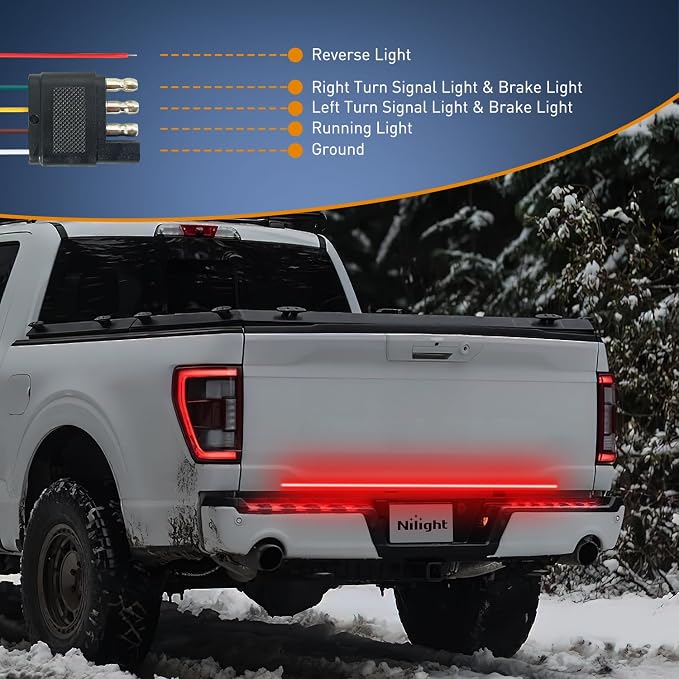 Nilight Truck Tailgate Light Strip 48" Quad Row 528 LED Strip with Red Running Brake Lights White Reverse Lamp Amber Turn Signals Lights