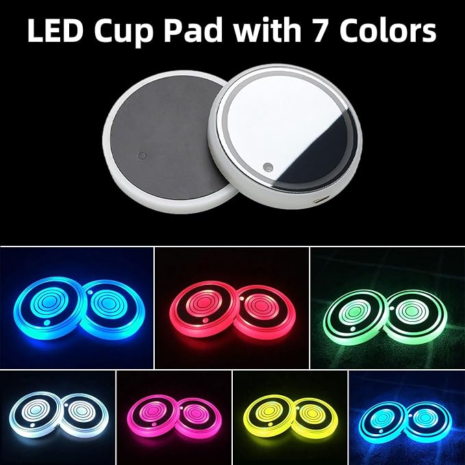 LED Car Cup Holder Lights, 7 Colors Changing USB Charging Mat Waterproof Cup Pad, LED Interior Atmosphere Lamp Decoration Light Inside Car Lighting Accessories (2pcs)