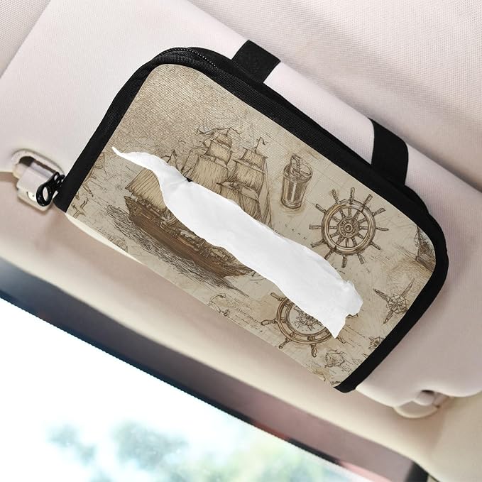 Vintage Beige Pirate Sailing Ship Anchor Car Tissue Holder Durable Napkin Holder Hanging Tissue Holders Case Car Tissues Bag for Sun Visor Seat Back Universal Auto