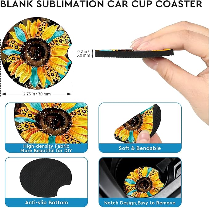 2 PCS Sunflower Leopard Car Cup Holder Coasters Universal Neoprene Coasters | 2.75" Universal Size Anti Slip Rubber Mat, Auto Cup Holder Decor for SUV Truck,Sunflowers Gifts for Women Mom Her Wife