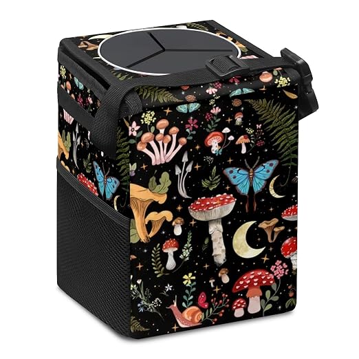 Car Trash Can with Lid Vintage Mushroom Ferns Floral Collapsible Reusable Leak-Proof Auto Garage Bag,Hanging Vehicle Car Accessories Interior Car Organizer