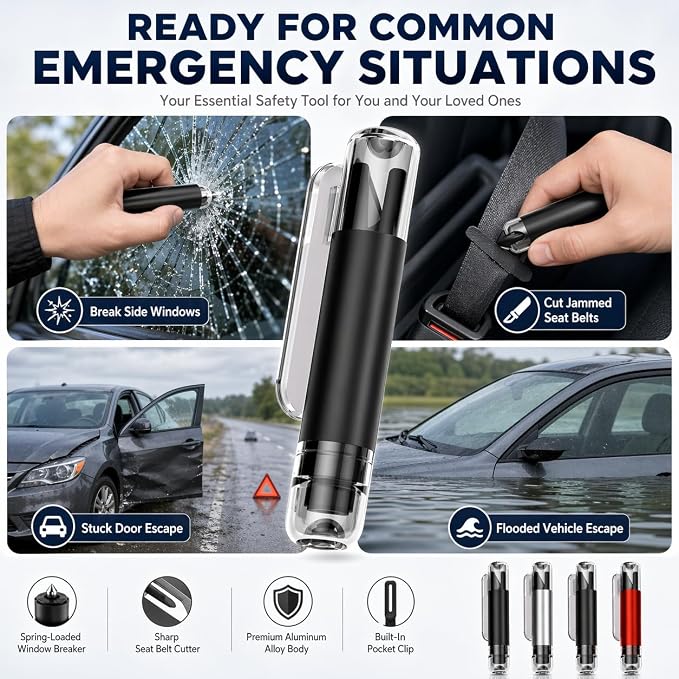 2-in-1 Window Breaker Seatbelt Cutter, Underwater Glass Breaker Window Punch with Tungsten Tip, Safety Kit Emergency Escape Tool with Test Glasses for Vehicle Accidents (Red & Black & Grey)