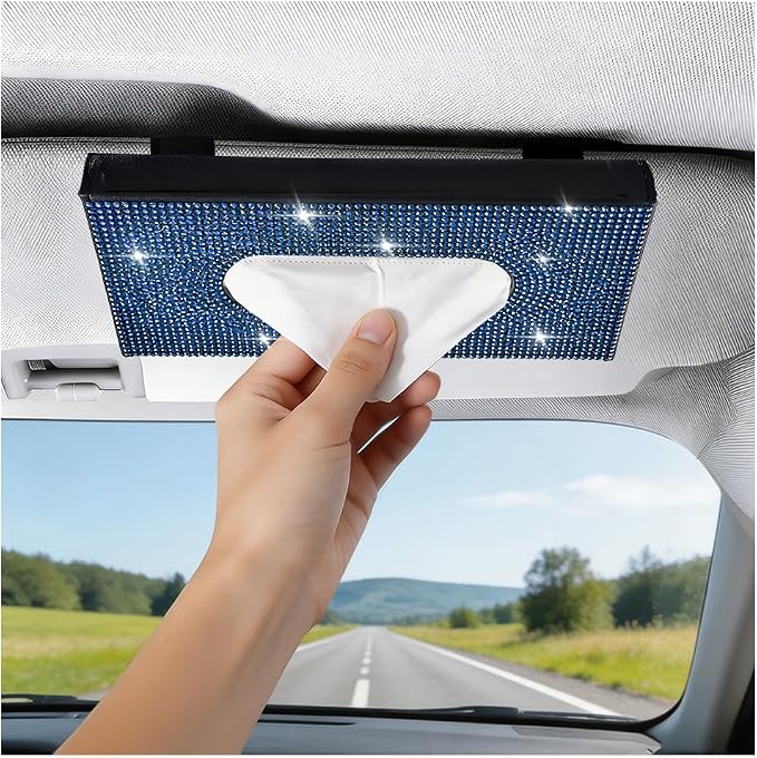Bling Car Visor Tissue Holder, Shiny Rhinestone Leather Sun Visor Napkin Mask Case Holder Clip, Diamond AUT Paper Tissue Towel Box Dispenser, Universal Fit (Black/Blue)