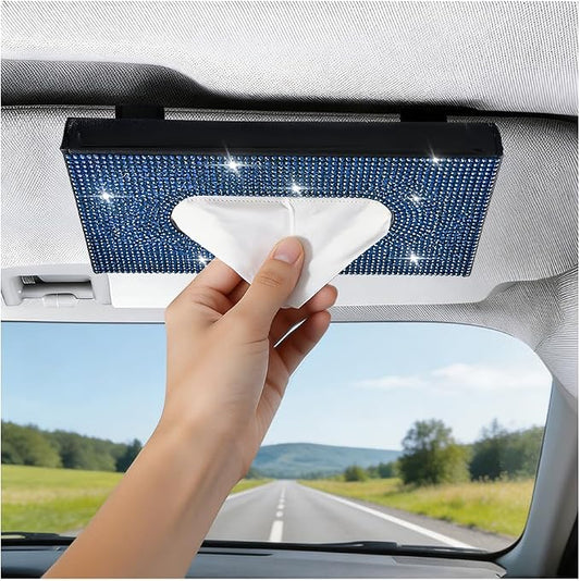 Bling Car Visor Tissue Holder, Shiny Rhinestone Leather Sun Visor Napkin Mask Case Holder Clip, Diamond AUT Paper Tissue Towel Box Dispenser, Universal Fit (Black/Blue)