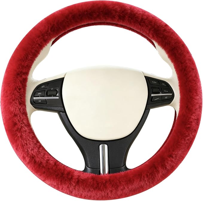Furry Warm Steering Wheel Cover, Universal 14.5-15 Inch Winter Plush Warm Steering Wheel Cover, Soft Fluffy, Anti-Slip Design, Soft Texture (Red)