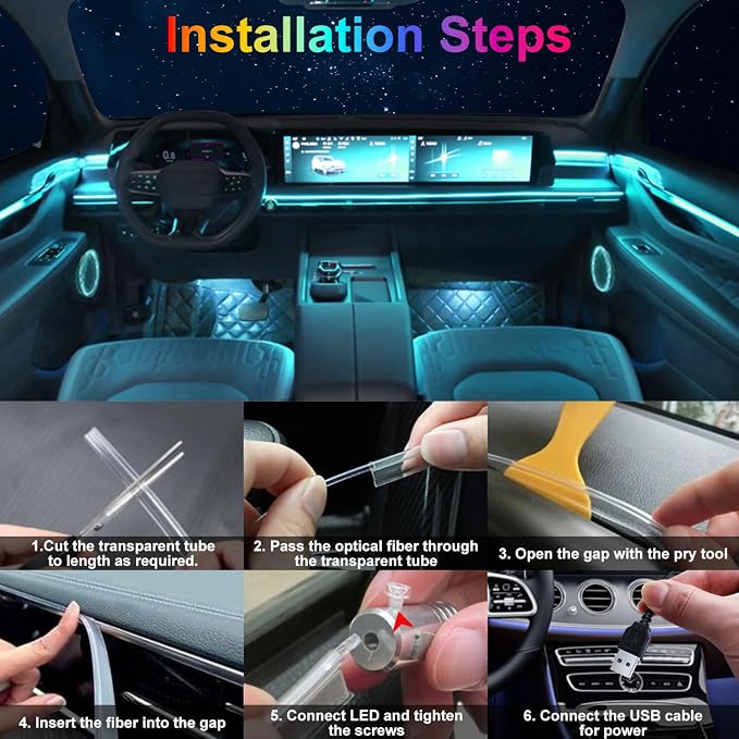 Car LED Interior Strip Lights 6 in 1 APP and Remote Control, RGB 16 Million Colors Ambient Lighting Kit with 315 inches Fiber Optic,Car Decoration for Dash Door Roof