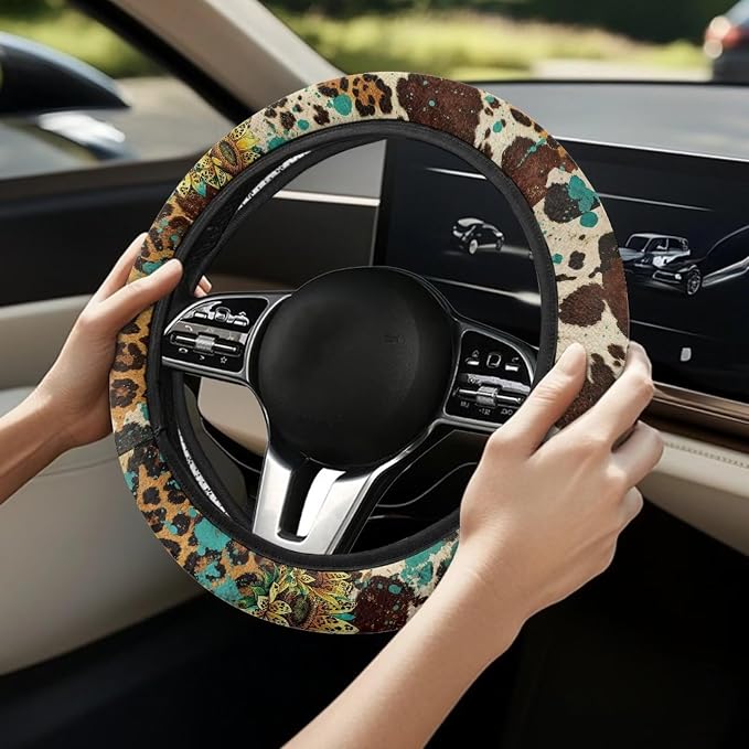 AFPANQZ Universal Steering Wheel Cover with Elastic Edge for Women 14-15 in | Leopard Print Sunflower, Breathable Steering Wheel Protector for Cars Interior Accessories