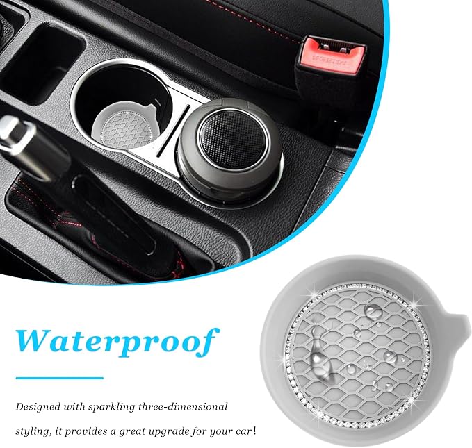 Ziciner 2 PCS Car Cup Coaster Holders, 3.15 Inch Silicone Anti-Slip Auto Insert Coaster, Crystal Rhinestone Car Drink Cup Mat, Universal Durable Auto Interior Accessories (Grey, 2Pack)