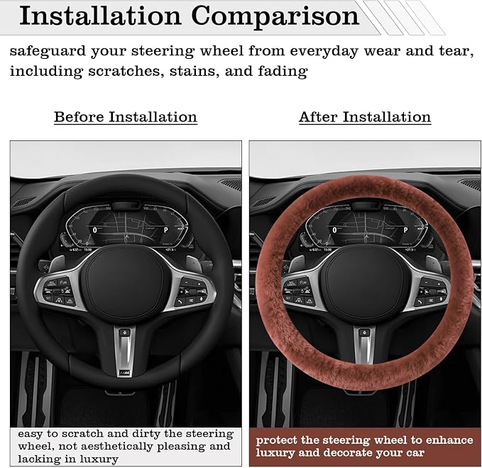 Furry Warm Steering Wheel Cover, Universal 14.5-15 Inch Winter Plush Warm Steering Wheel Cover, Soft Fluffy, Anti-Slip Design, Soft Texture (Coffee)