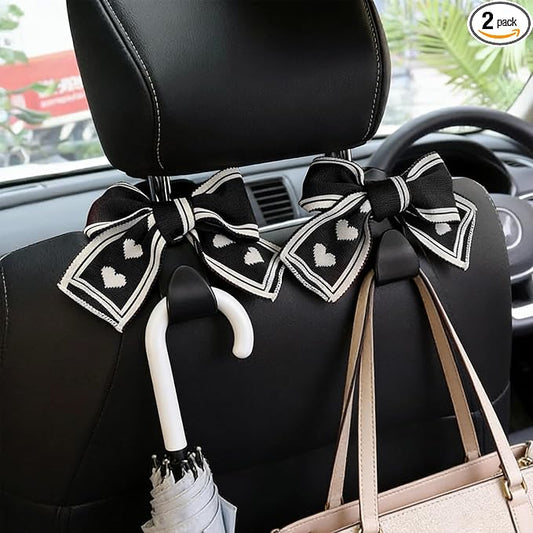 2PCS Car Seat Headrest Hooks, Car Purse Hook, Cute Bow Knot Vehicle Seatback Hanging Storage Organizer, Auto Seatback Decor Organizer Hanger for SUV Truck (Black/White)
