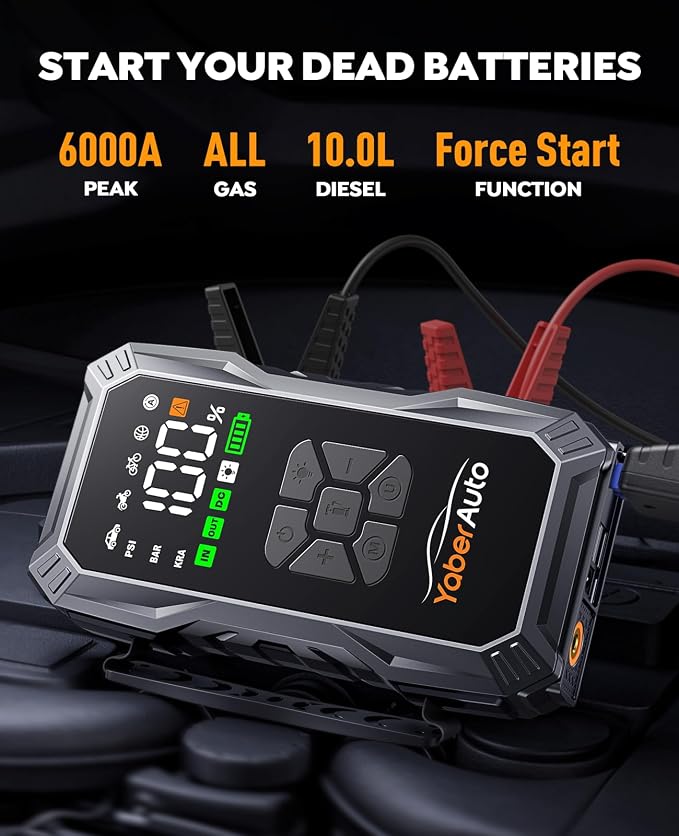 YaberAuto 10-in-1 Jump Starter with Air Compressor 6000A 150PSI Car Battery Jump Starter (All Gas/10L Diesel) 12V Jump Box Car Battery Jumper Starter Portable Jumper Cables, 150W DC, Gloves, Lights