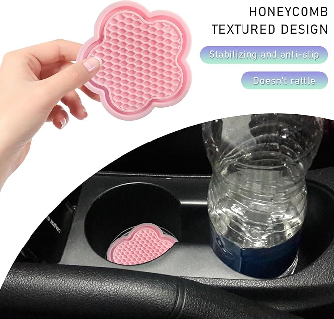 DXNQ 4 PCS Car Cup Coasters, Cute Flower Shaped Car Cup Holder Mat, PVC Waterproof Anti Slip Vehicle Cup Holder Insert Coaster, Universal Car Interior Decor Accessories (Pink)
