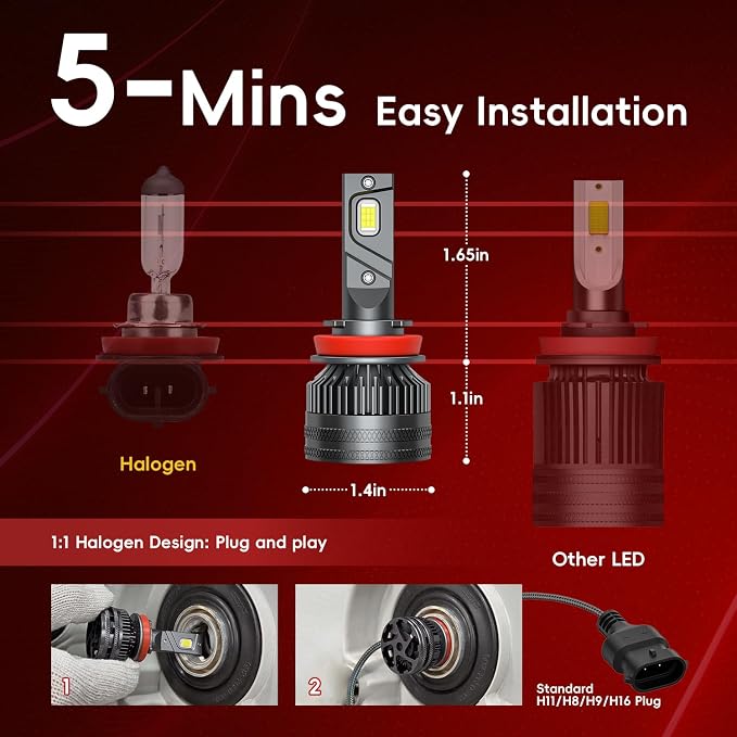 H11/H8/H9/H16 LED Bulbs, 60000LM 800% Brightness, 6000K Pure White, IP68Waterproof, 1:1 Size Plug & Play, Pack of 2