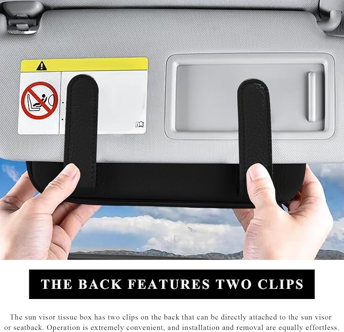 Car Tissue Holder, Microfiber Leather Auto Sun Visor Napkin Box with Zipper & Hooks, Universal Backseat Tissue Dispenser Case Visor Napkin Holder for Sedans Trucks SUVs (Black)