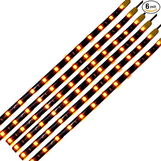 DC 12V Waterproof 1Ft 12 LED Strip Underbody Light with 6 inches Wires for Motor (Amber/Yellow,Pack of 6)