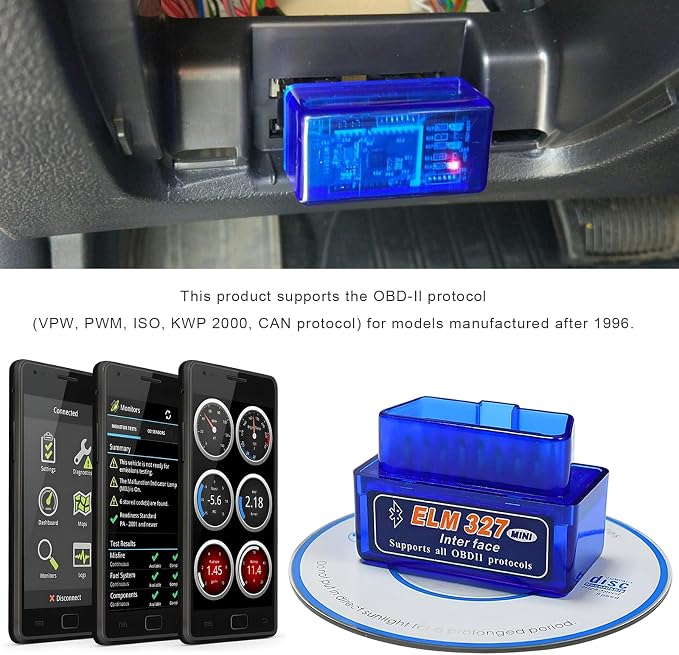 ELM327 OBDII Car Auto Diagnostic Scanner, OBD2 Bluetooth Scan Tool Mini Engine Fault Code Reader, Wireless Interface Adapter Portable Diagnostic Tool for Most OBDII Vehicles