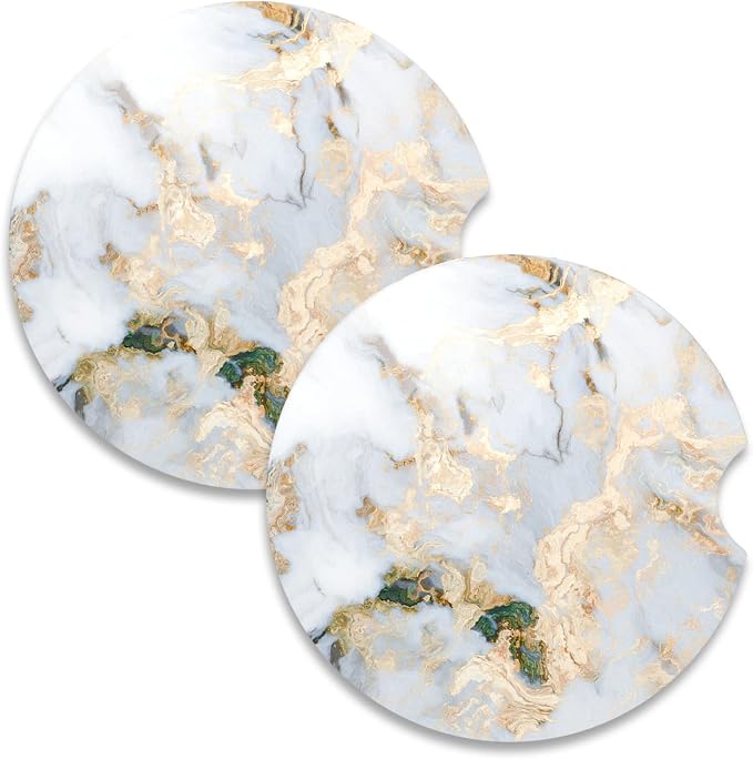 Nipichsha Car Coasters for Cup Holders, 2 Pack Absorbent Ceramic Car Cup Holder Coaster for Drinks, Cute Auto Assecories for Women Men, Size 2.56 in with Finger Notch & Cork Base, Gray Gold