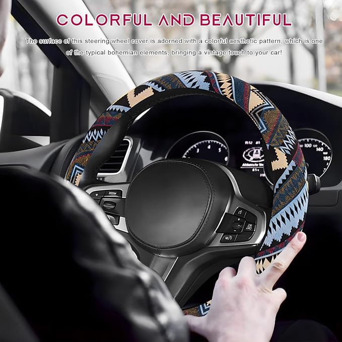 Boho Steering Wheel Cover, Anti-Slip Coarse Flax Cloth Ethnic Style Auto Wheel Cover, Breathable Boho Auto Steering Wheel Protector for Women Men, Car Accessories (Style H)