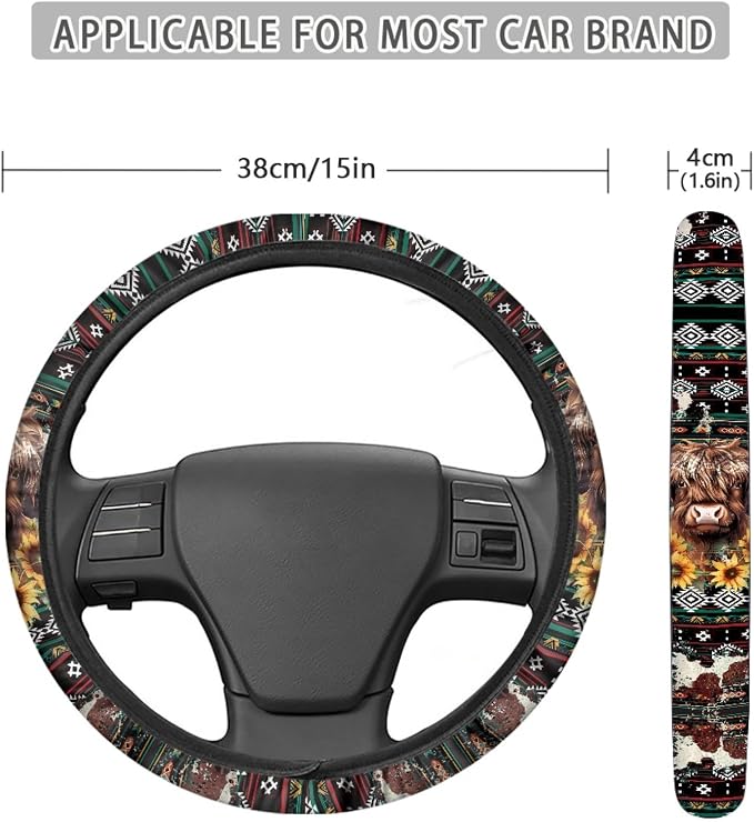 Wanyint Aztec Highland Cow Sunflower Car Steering Wheel Cover Universal 15 Inch Breathable Better Grip, Cute Car Accessories Decoration for Women Men